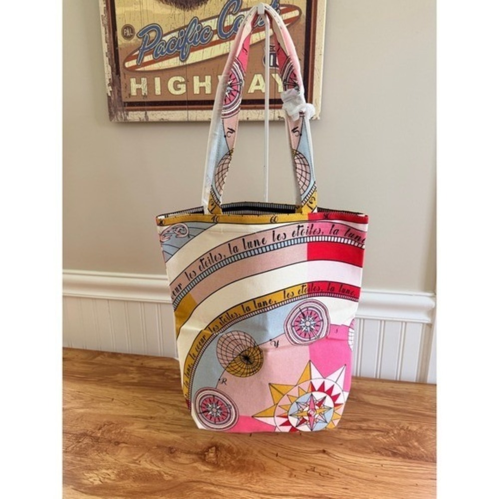 Tory Burch Celestial Canvas Tote Bag Moon Stars Pink Multicolor Large